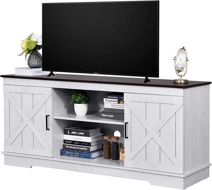 YITAHOME TV Stand for 65 Inch TV, Farmhouse Entertainment Center with Double Barn Doors and Storage Cabinets, Rustic TV Cabinet Media Console Table for Living Room, 59 Inch, Grey White/Espresso - LeafyLoom