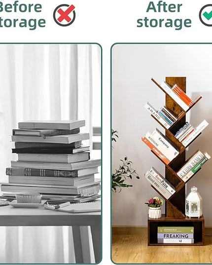 Yoobure Tree Bookshelf - 6 Shelf Retro Floor Standing Bookcase, Tall Wood Book Storage Rack for CDs/Movies/Books, Utility Book Organizer Shelves for Bedroom, Living Room, Home Office - LeafyLoom
