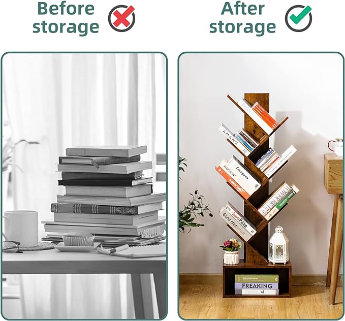 Yoobure Tree Bookshelf - 6 Shelf Retro Floor Standing Bookcase, Tall Wood Book Storage Rack for CDs/Movies/Books, Utility Book Organizer Shelves for Bedroom, Living Room, Home Office - LeafyLoom