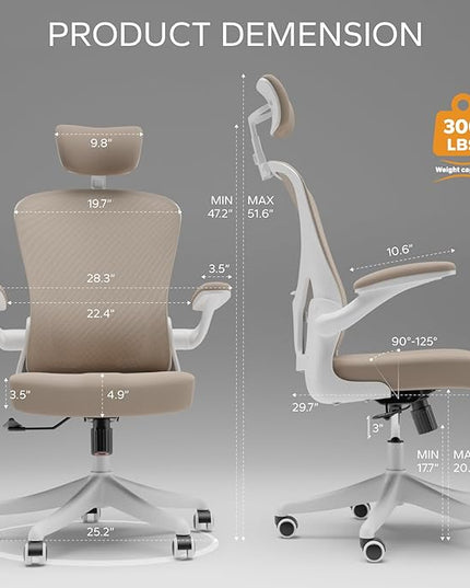 Ergonomic Office Chair Home Desk Office Chair with Adjustable Headrest & Cushion for Lumbar Support, High Back Computer Chair with Thickened Cushion Desk Chairs Khaki - LeafyLoom