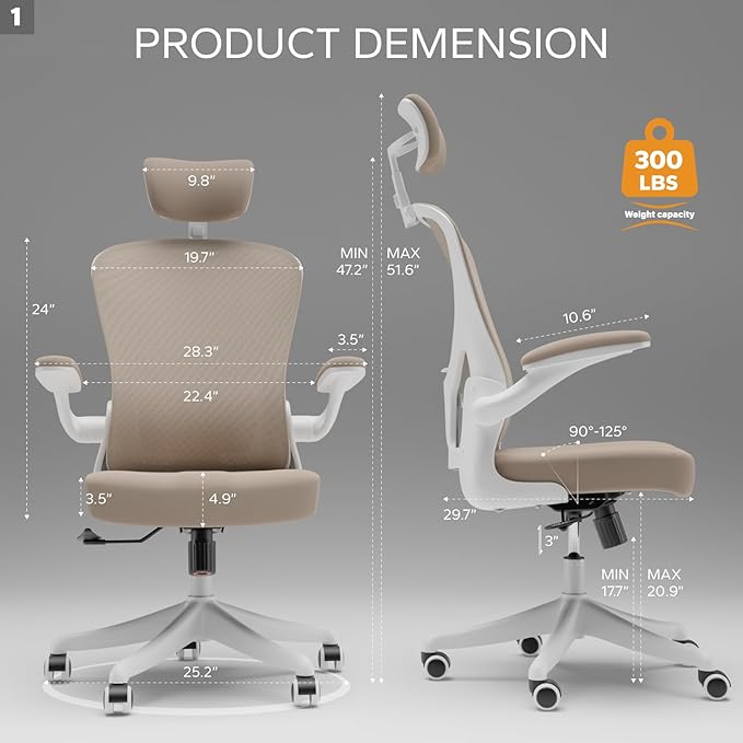 Ergonomic Office Chair Home Desk Office Chair with Adjustable Headrest & Cushion for Lumbar Support, High Back Computer Chair with Thickened Cushion Desk Chairs Khaki - LeafyLoom