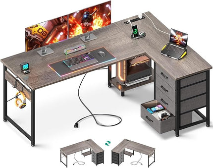 AODK L Shaped Desk with 4 Tier Drawers, 61" Reversible Gaming Desk with Power Outlets, L Shaped Computer Desk with USB Charging Port and Host Stand, Home Office Corner Desk, Easy to Assemble, Grey Oak - LeafyLoom
