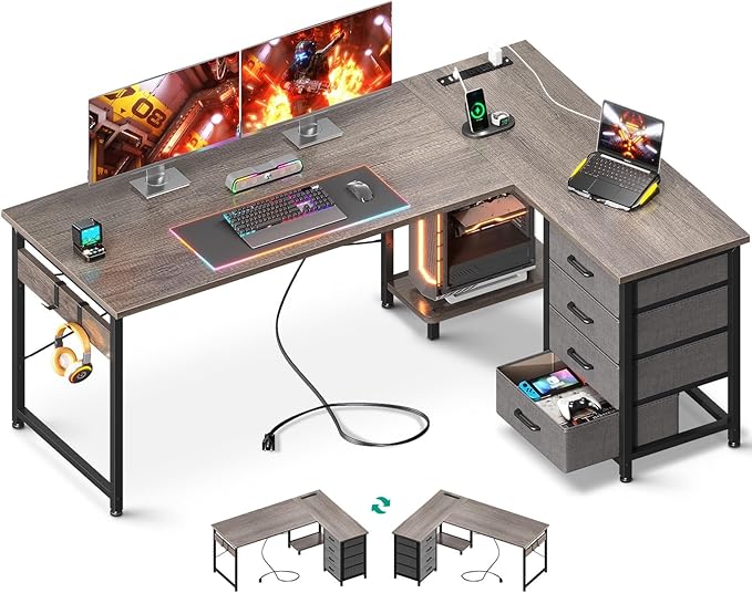 AODK L Shaped Desk with 4 Tier Drawers, 61" Reversible Gaming Desk with Power Outlets, L Shaped Computer Desk with USB Charging Port and Host Stand, Home Office Corner Desk, Easy to Assemble, Grey Oak - LeafyLoom