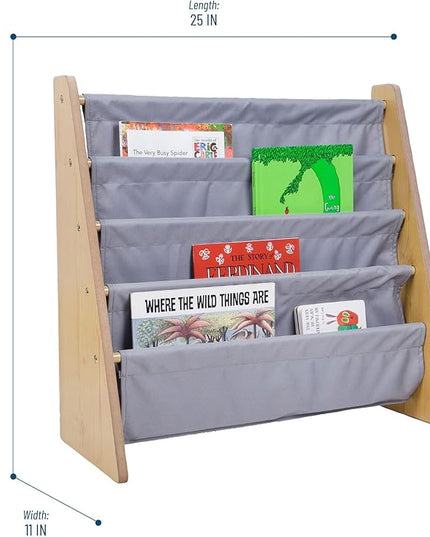Wildkin Kids Canvas Sling Bookshelf for Boys and Girls, Wooden Design Features Four Fabric Shelves, Keep Bedrooms, Playrooms, and Classrooms Organized, Measures 25 x 24 x 11 Inches (Natural w/ Gray) - LeafyLoom