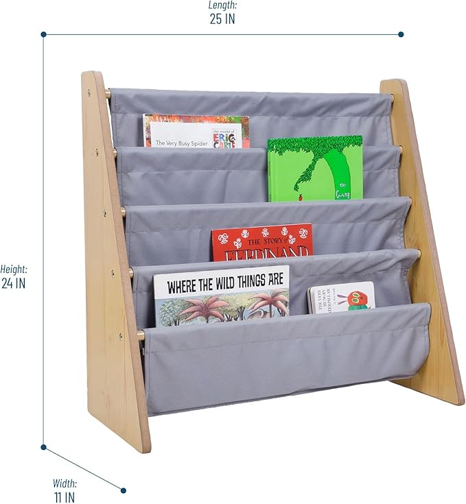 Wildkin Kids Canvas Sling Bookshelf for Boys and Girls, Wooden Design Features Four Fabric Shelves, Keep Bedrooms, Playrooms, and Classrooms Organized, Measures 25 x 24 x 11 Inches (Natural w/ Gray) - LeafyLoom