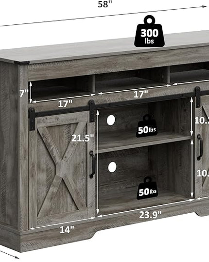Farmhouse TV Stand with Sliding Barn Door for TVs up to 65+ Inch, 34" Tall Entertainment Center, Wood Media Console Storage Cabinet for Bedroom, Living Room, Light Grey - LeafyLoom