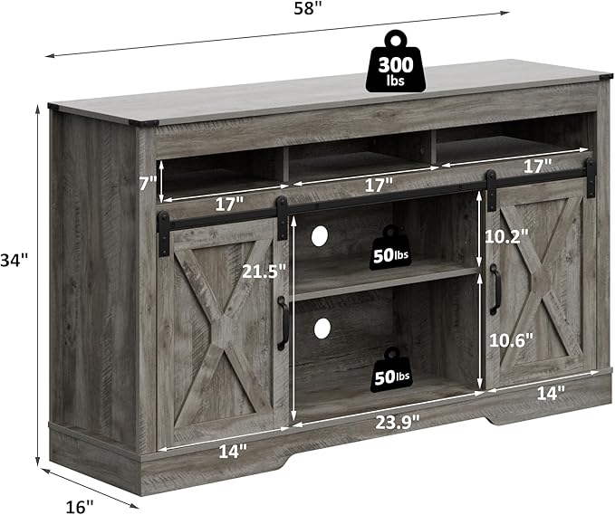 Farmhouse TV Stand with Sliding Barn Door for TVs up to 65+ Inch, 34" Tall Entertainment Center, Wood Media Console Storage Cabinet for Bedroom, Living Room, Light Grey - LeafyLoom