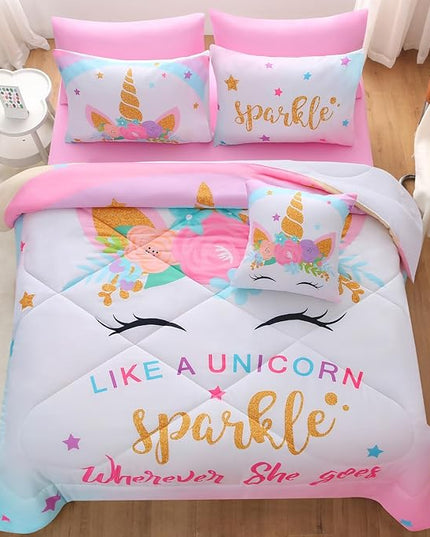 JQinHome Unicorn Full Bedding Sets for Girls Kids,8 Piece Bed in A Bag 3D Colorful Flower Girl Unicorn Comforter Set with Sheet Set(Sparkle) - LeafyLoom