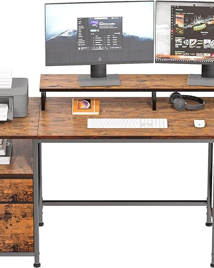 Furologee Computer Desk with Shelves and Drawer, 61" Long Desk with Fabric File Drawer, Industrial Writing Desk with Large Monitor Stand, Study Table Workstation for Home Office, Rustic Brown - LeafyLoom
