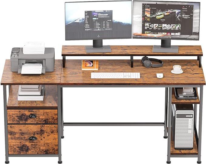Furologee Computer Desk with Shelves and Drawer, 61" Long Desk with Fabric File Drawer, Industrial Writing Desk with Large Monitor Stand, Study Table Workstation for Home Office, Rustic Brown - LeafyLoom