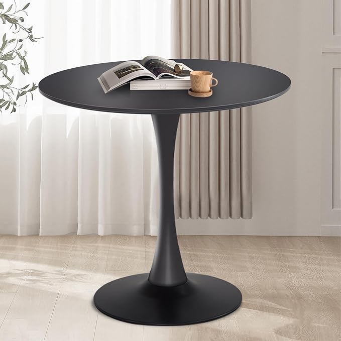 Round Dining Table,31.5”Kitchen Table for 2-4 People,MDF Table Top with Metal Pedestal Base,Tulip Design for Kitchen,Dining Room,Living Room,Leisure,Black - LeafyLoom