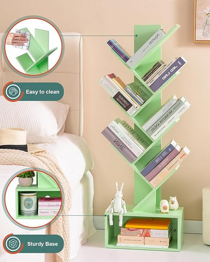 Yoobure Tree Bookshelf - 6 Shelf Retro Floor Standing Bookcase, Tall Wood Book Storage Rack for CDs/Movies/Books, Utility Book Organizer Shelves for Bedroom, Living Room, Home Office Green - LeafyLoom