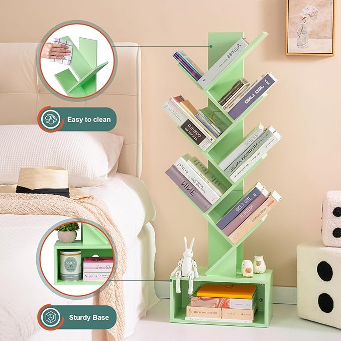 Yoobure Tree Bookshelf - 6 Shelf Retro Floor Standing Bookcase, Tall Wood Book Storage Rack for CDs/Movies/Books, Utility Book Organizer Shelves for Bedroom, Living Room, Home Office Green - LeafyLoom