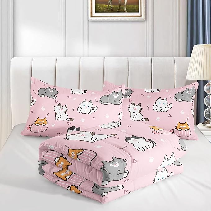 Datura home Pink Kawaii Cat Comforter Bedding Set for Girls Lovely Kitten Print Cute Animal Pattern with 1 and 2 Pillowcases Bedroom All Season(Cat Twin), Twin 68x86inches - LeafyLoom