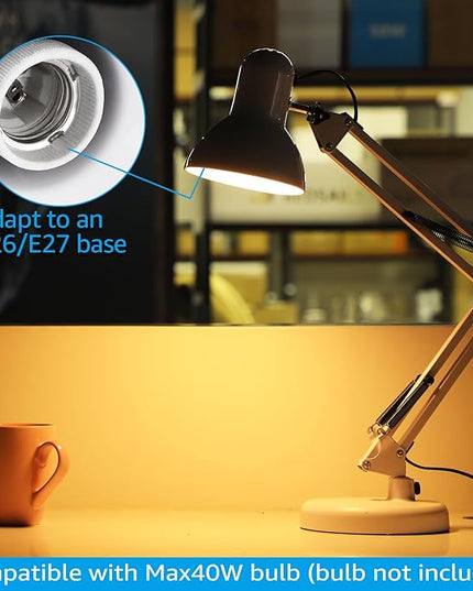 TORCHSTAR Metal Desk Lamp, Swing Arm Desk Lamps, Architect Desk Lamp with Clamp, Adjustable Gooseneck Table Lamp, Clip Desk Lights for Home Office, Work, Study, Reading, E26 Base, Multi-Joint, White - LeafyLoom