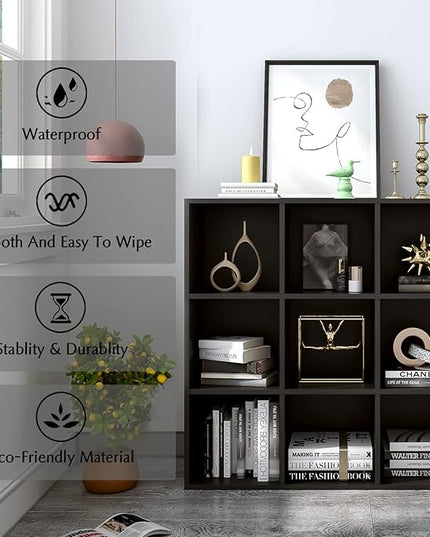 9-Cube Storage Shelf Bookcase - Wooden 3-Tier Free Standing Open Bookshelf for Home and Office, Organizer Cabinet in Black - LeafyLoom