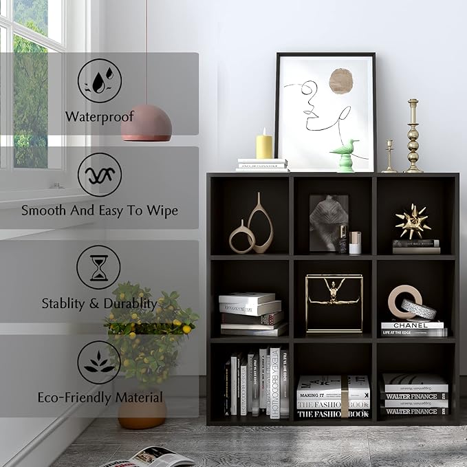 9-Cube Storage Shelf Bookcase - Wooden 3-Tier Free Standing Open Bookshelf for Home and Office, Organizer Cabinet in Black - LeafyLoom