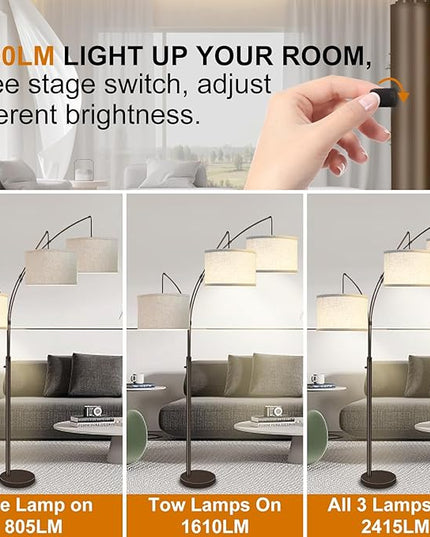 Arc Floor Lamps for Living Room,Modern Mid Century Tall Standing Floor Lamp with Heavy Base for Bedroom Office,3-Light Floor Lamp with Adjustable Hanging and 3 LED Bulbs (Brown+Beige Shade) - LeafyLoom