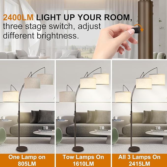Arc Floor Lamps for Living Room,Modern Mid Century Tall Standing Floor Lamp with Heavy Base for Bedroom Office,3-Light Floor Lamp with Adjustable Hanging and 3 LED Bulbs (Brown+Beige Shade) - LeafyLoom