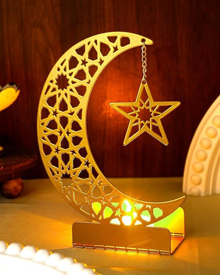 Eid Crafts Night Light 3D Metal Ramadan Eid Mubarak Ornaments Ramadan Decorations Ramadan Table Decor Ramadan Mubarak Light with 2 LED Candles for Home Eid Party Supplies (Stylish) - LeafyLoom