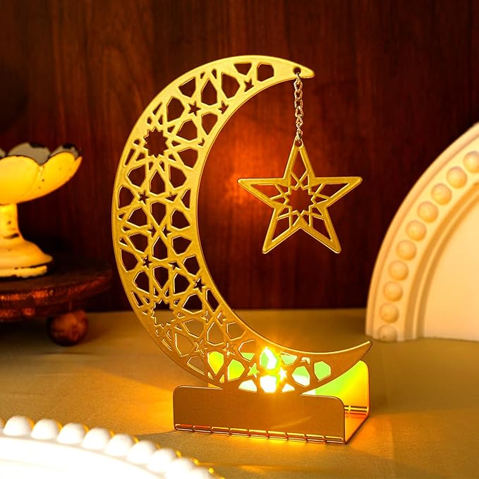 Eid Crafts Night Light 3D Metal Ramadan Eid Mubarak Ornaments Ramadan Decorations Ramadan Table Decor Ramadan Mubarak Light with 2 LED Candles for Home Eid Party Supplies (Stylish) - LeafyLoom