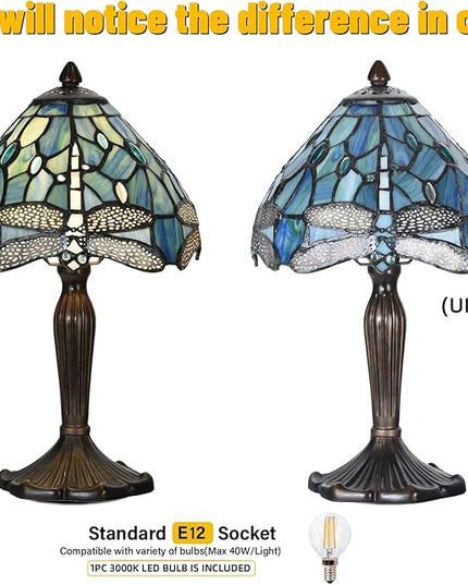 Tiffany Lamp Sea Blue Stained Glass Dragonfly Style Desk Reading Light for Small Space Bedside Bedroom Home Office - LeafyLoom