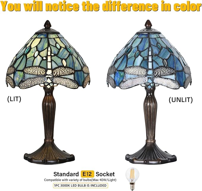 Tiffany Lamp Sea Blue Stained Glass Dragonfly Style Desk Reading Light for Small Space Bedside Bedroom Home Office - LeafyLoom