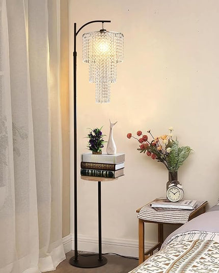 Arc Floor Lamp with Table Shelves Elegant Modern Crystal Floor Standing Lamps with Remote Control Dimmable LED Floor Lamp Crystal Shade with 10 Color Black Adjustable Tall Lamp For Living Room Bedroom - LeafyLoom