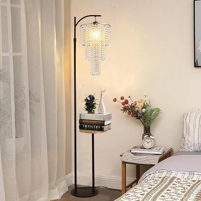 Arc Floor Lamp with Table Shelves Elegant Modern Crystal Floor Standing Lamps with Remote Control Dimmable LED Floor Lamp Crystal Shade with 10 Color Black Adjustable Tall Lamp For Living Room Bedroom - LeafyLoom
