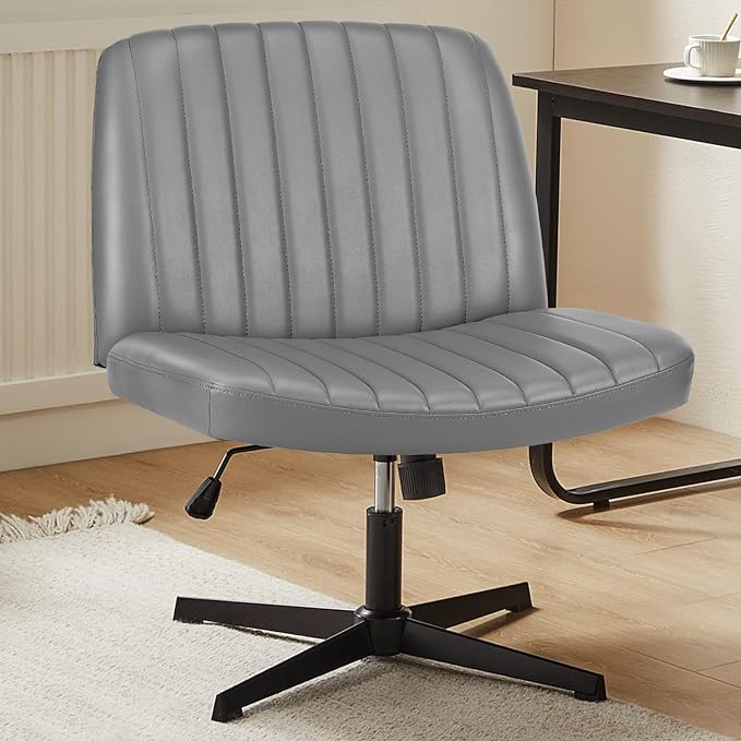Sweetcrispy Criss Cross Chair Legged, Armless Office Desk Chair No Wheels, Swivel Vanity Chair, Height Adjustable Wide Seat Computer Task Chair, PU Leather Vanity Modern Home Chair Sliver - LeafyLoom