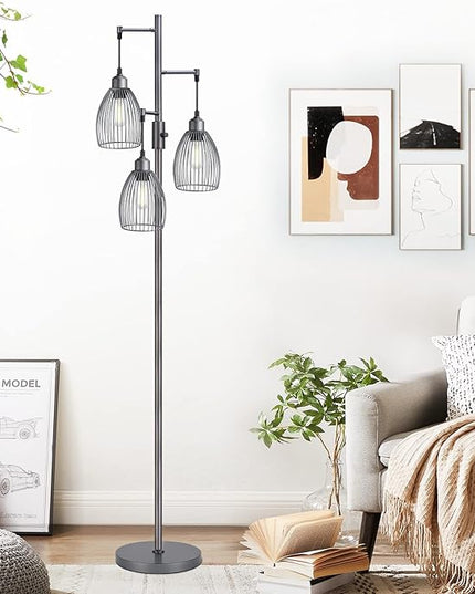 Dimmable Industrial Floor Lamps for Living Room, Gray Tree Standing Tall Lamps with 3 Elegant Teardrop Cage Head & 800 Lumens LED Bulbs for Bedroom Office - LeafyLoom