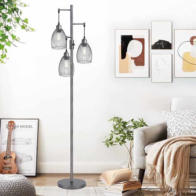 Dimmable Industrial Floor Lamps for Living Room, Gray Tree Standing Tall Lamps with 3 Elegant Teardrop Cage Head & 800 Lumens LED Bulbs for Bedroom Office - LeafyLoom