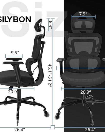 Ergonomic Office Chair - Mesh Office Chair High Back, Rolling Desk Chair, Executive Swivel Chair, Computer Chair with 3D Adjustable Armrest, 3D Lumbar Support, Blade Wheels, Adjustable Headrest - LeafyLoom