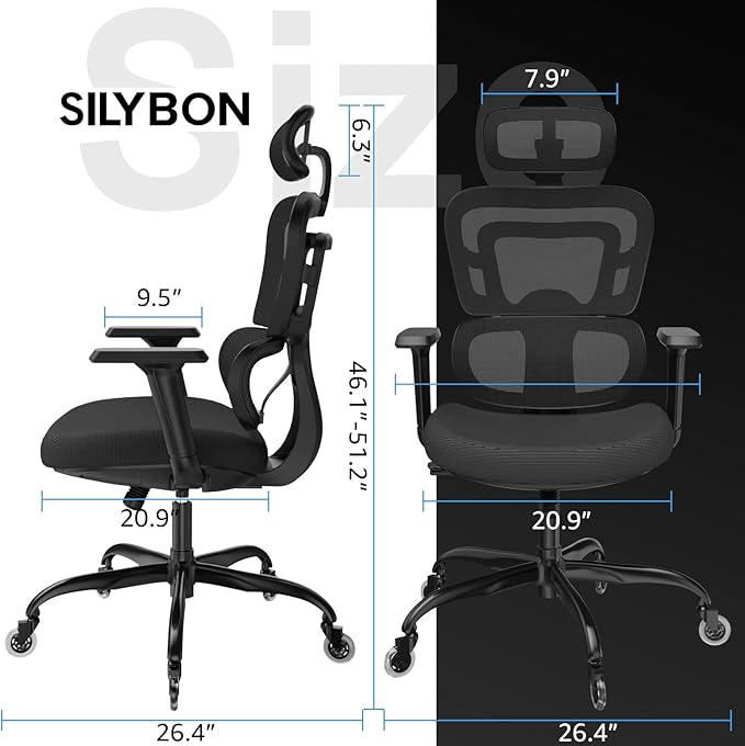 Ergonomic Office Chair - Mesh Office Chair High Back, Rolling Desk Chair, Executive Swivel Chair, Computer Chair with 3D Adjustable Armrest, 3D Lumbar Support, Blade Wheels, Adjustable Headrest - LeafyLoom