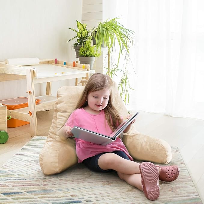 Nestl Reading Pillow with Portable Laptop Lap Desk, Velvet Feel Back Pillow for Sitting in Bed, Shredded Memory Foam Back Support Pillow for Bed, Bed Rest Pillow with Arms, Small - Cream - LeafyLoom