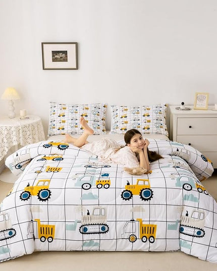 Feelyou Construction Truck Comforter Set King Size Kids Machinery Truck Excavators Vehicles Comforter for Boys Teens Cartoon Tractor Bedding Set Excavator Tractor Plaid Grid White Duvet Set Quilt Set - LeafyLoom