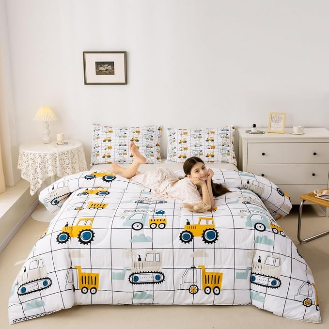 Feelyou Construction Truck Comforter Set King Size Kids Machinery Truck Excavators Vehicles Comforter for Boys Teens Cartoon Tractor Bedding Set Excavator Tractor Plaid Grid White Duvet Set Quilt Set - LeafyLoom