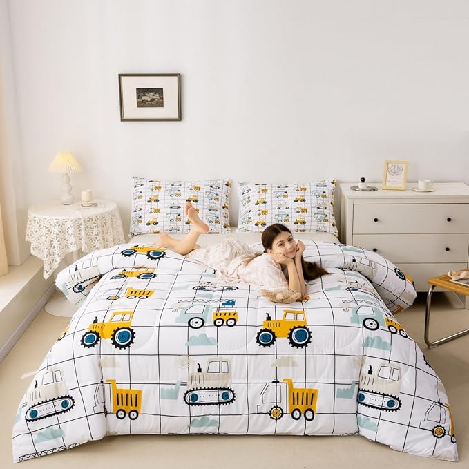 Feelyou Construction Truck Comforter Set Twin Size Kids Machinery Truck Excavators Vehicles Comforter for Boys Teens Cartoon Tractor Bedding Set Excavator Tractor Plaid Grid White Duvet Set Quilt Set - LeafyLoom