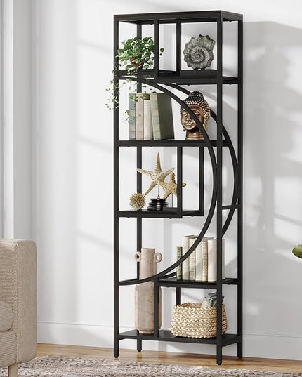 Bookshelf, 70.9” Wood Bookcases Open Shelves with Metal Frame, 7 Tier Tall Book Shelf, Freestanding Display Rack Storage Shelving Unit for Bedroom, Living Room, Easy Assembly (Black) - LeafyLoom