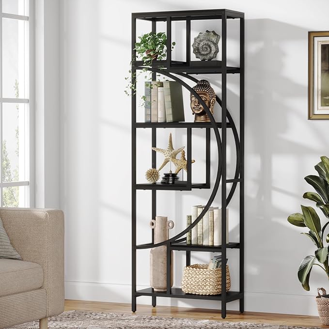 Bookshelf, 70.9” Wood Bookcases Open Shelves with Metal Frame, 7 Tier Tall Book Shelf, Freestanding Display Rack Storage Shelving Unit for Bedroom, Living Room, Easy Assembly (Black) - LeafyLoom