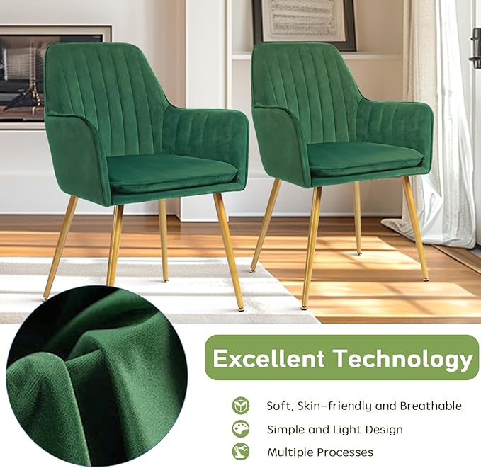 CangLong Furniture Modern Living Dining Room Accent Arm Chairs Club Guest with Gold Metal Legs, Set of 2, Green - LeafyLoom