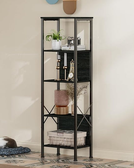 Furologee 5 Tier Tall Bookshelf with Back, Industrial Narrow Bookcase, Display Standing Shelf Units, Metal and Wood Storage Corner Shelves Organizer for Bedroom, Living Room, Entryway, Kitchen, Black - LeafyLoom