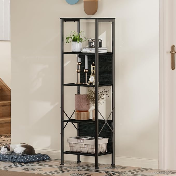 Furologee 5 Tier Tall Bookshelf with Back, Industrial Narrow Bookcase, Display Standing Shelf Units, Metal and Wood Storage Corner Shelves Organizer for Bedroom, Living Room, Entryway, Kitchen, Black - LeafyLoom