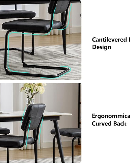 Forevich Mid Century Modern Dining Chairs Set of 2, Leather Kitchen Dining Room Side Chairs Upholstered Armless Accent Chairs with Metal Chrome Legs for Living Room, Bedroom Black - LeafyLoom