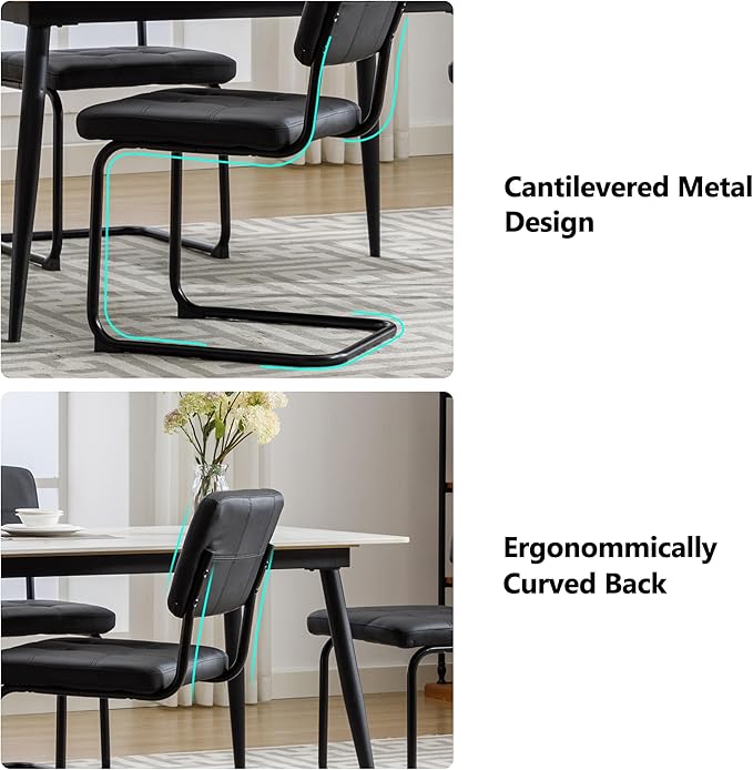 Forevich Mid Century Modern Dining Chairs Set of 2, Leather Kitchen Dining Room Side Chairs Upholstered Armless Accent Chairs with Metal Chrome Legs for Living Room, Bedroom Black - LeafyLoom