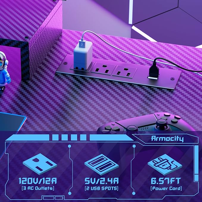 Gaming Computer Desk with Shelves and Outlets, Gaming Desk with Hutch and LED Lights, Reversible PC Gaming Desk with Pegboard, Carbon Fiber Black 47'' - LeafyLoom