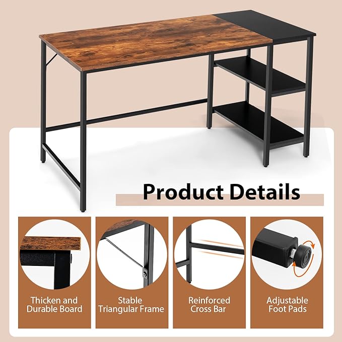 Multifunctional Computer Desk, Industrial Study Writing Desk w/Removable Storage Shelf, Heavy-Duty Metal Frame, 55 Inch Desk for Home Office, Gaming Room, Bedroom (Rustic Brown) - LeafyLoom