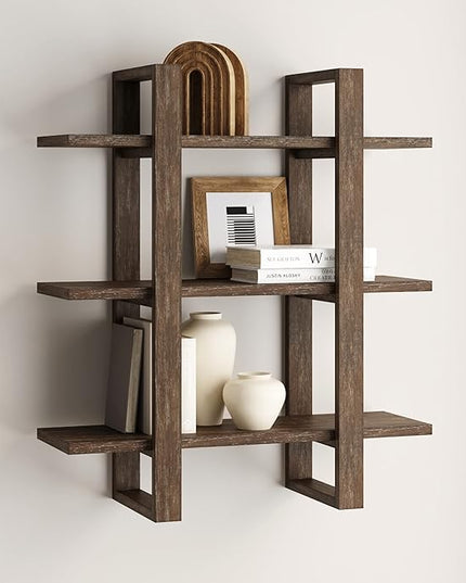 Nathan James Floating Wall Book Shelves, 3-Tier Display Shelf, Decorative Modular Shelf in Solid Wood for Bedroom, Nursery, Bathroom or Kitchen, Set of 2 - LeafyLoom