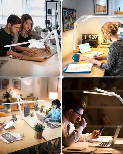 KableRika Desk Lamp,Double Head Desk Lamp with Clamp,24W Led Desk Lights for Home Office Ultra Bright Architect Table Lamp 4 Brightness 4 Color,Auto Dimming Task Lamp for Monitor Work Study White - LeafyLoom