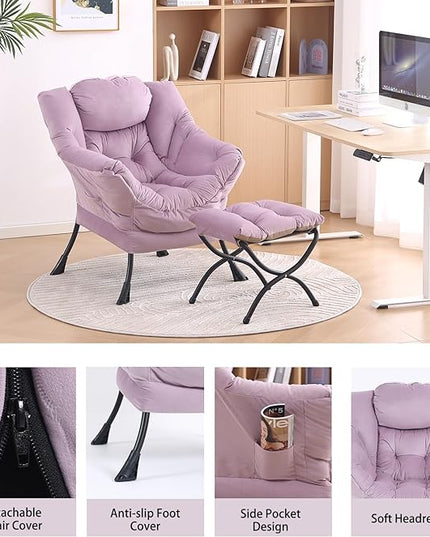 LITA Lazy Chair with Ottoman, Modern Accent Leisure Upholstered Sofa Chair, Contemporary Lounge Reading Chair with Armrests and a Side Pocket for Living Room, Bedroom & Small Space - LeafyLoom